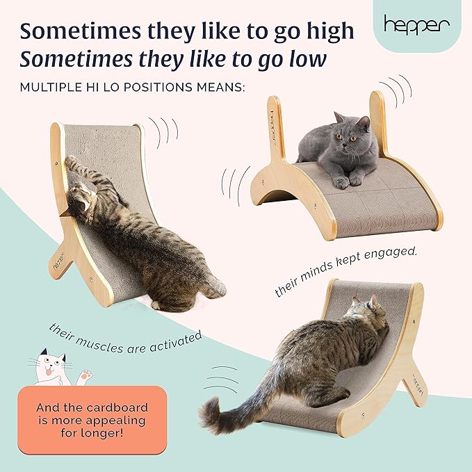 Hepper Hi-Lo Cardboard Cat Scratcher with Real Wood & Metal Frame - 3-Position Cat Scratchers for Indoor Cats - Curved Cat Scratching Board Activates Muscles - Cat Scratching Post for Large Cats