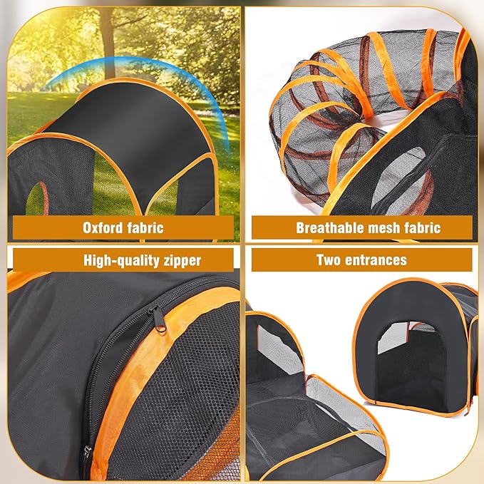 Portable Cat Playpen with Surround Tunnel, 2-Linked-Enclosed Areas, Ideal Cat Tent Outdoor or Cat Playpen for Indoor Cats Enclosed.Breathable Mesh Design for Indoor & Outdoor Use(Black)