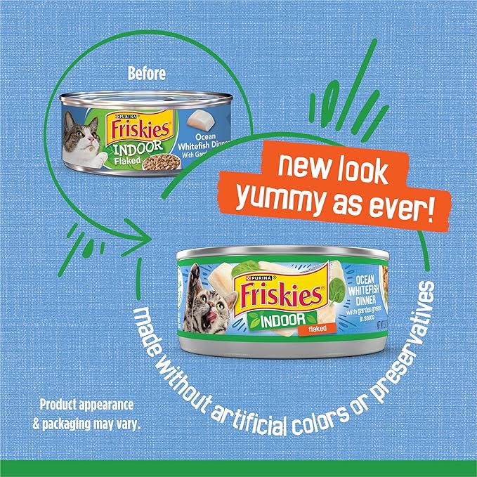Friskies Purina Indoor Cat Food Flaked Ocean Whitefish Dinner with Garden Greens in Sauce - 5.5 oz. Cans (Pack of 24)