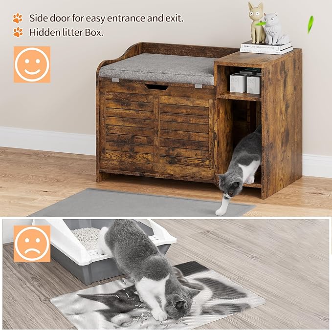 TROPOW Cat Litter Box Enclosure Furniture with Top Opening and Cushion, Hidden Litter Box Cabinet with Storage, Privacy Cat Box Enclosure, Brown
