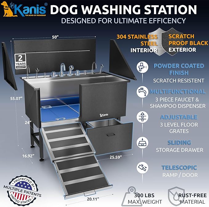 KANIS Professional Dog Washing Station 304 Stainless Steel Pet Wash Sink & Grooming Bathtub w/Shower, Floor Grates and Storage for Large, Medium & Small Pets (Black, 50 Inches, Left Ramp, 1 Drawer)