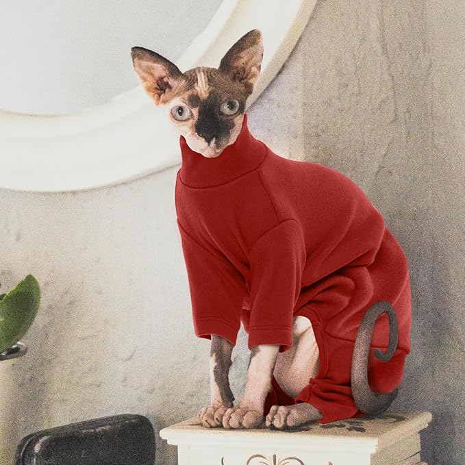 ROZKITCH Cat Jumpsuit for Cats Only, Breathable Soft Cat Jumpers for Cats Only, Cat Coat with Four Legs, Warm Sweater T-Shirt Pajamas Jumpsuit Vest Cornish Rex Devon Rex Peterbald Red M