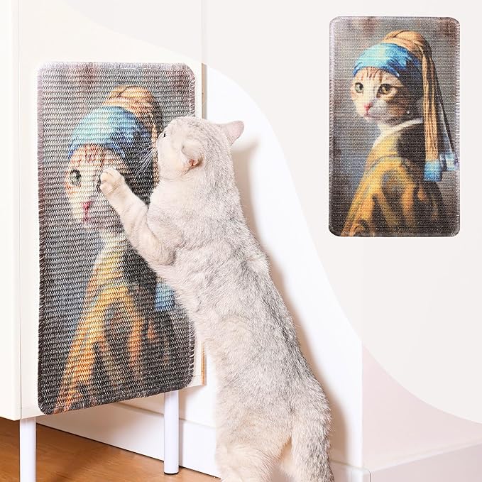 Furrther Sisal Cat Scratcher Post Mat (Use on Wall, Couch and Carpet), Shedding-Resistant Scratching Surface - 21.7x13 with Hoop and Loop Adhesives, Pads and Twist Pins (Cat with A Pearl Earring)