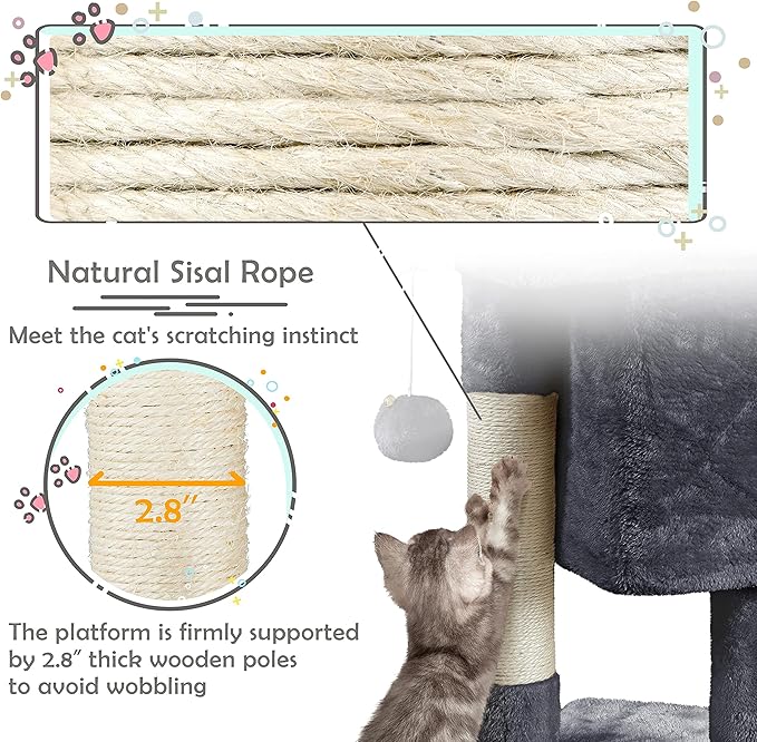Topeakmart Cat Tree with Extra Large Plush Perch, Soft Cat Condo & Sisal-Covered Scratching Posts for Large Cats, Kittens Cats, 23.5 Inches, Gray