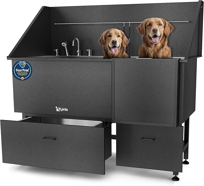KANIS Professional Dog Washing Station 304 Stainless Steel Pet Wash Sink & Grooming Bathtub w/Shower, Floor Grates and Storage for Large, Medium & Small Pets (Black, 61 Inches, Right Ramp, 2 Drawers)