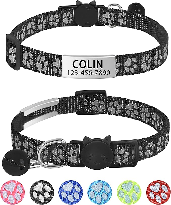 LaReine Reflective Cat Collars Breakaway with Bell and ID Tag - with Personalization Options (7.5"-12.5" Neck, Customized - Black)