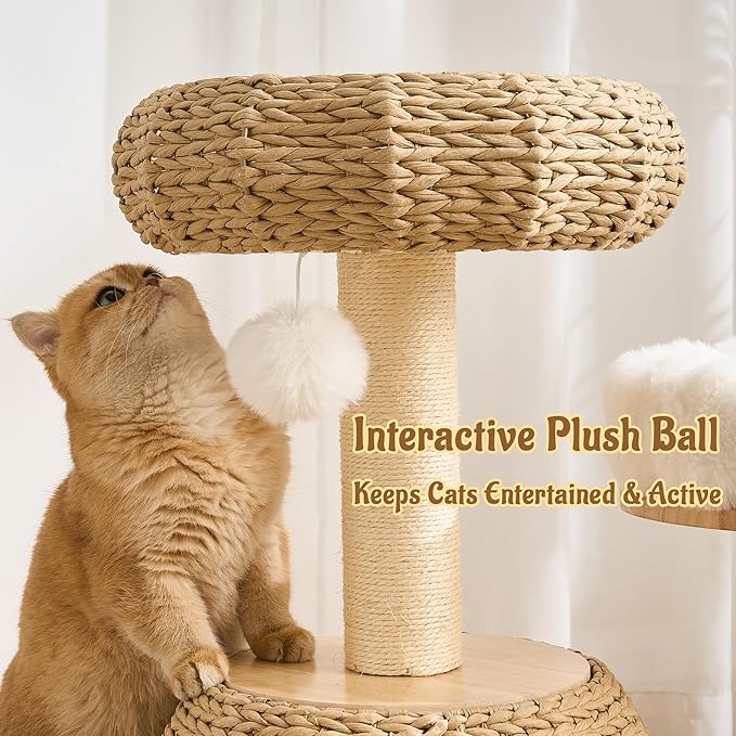 Modern Cat Tree Tower for Indoor Cats, 30" Solid Wood & Rattan Cat Tree Tower with Scratching Posts & Self-Groomer, Super Soft Plush Bed, Hand-Made Wicker Cat Bed Cave for Small to Medium Cats