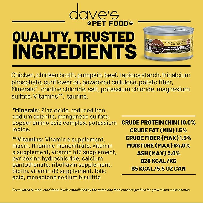 Dave's Pet Food Grain Free Wet Cat Food (Shredded Chicken & Beef in Gravy), Naturally Healthy Canned, Added Vitamins & Minerals, Wheat, Gluten & GMO-Free, 2.8 oz (24 Pack)