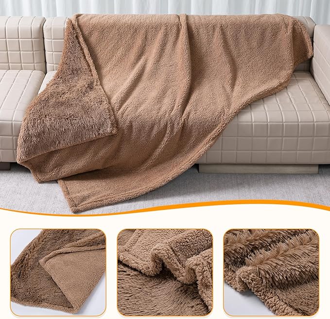 Calming Pet Blankets for Cats Fluffy Long Faux Fur Dogs Blanket for Couch Covers Waterproof Soft and Cozy Pets Cover on Sofa and beds Protective(Brown,S-40x28in)