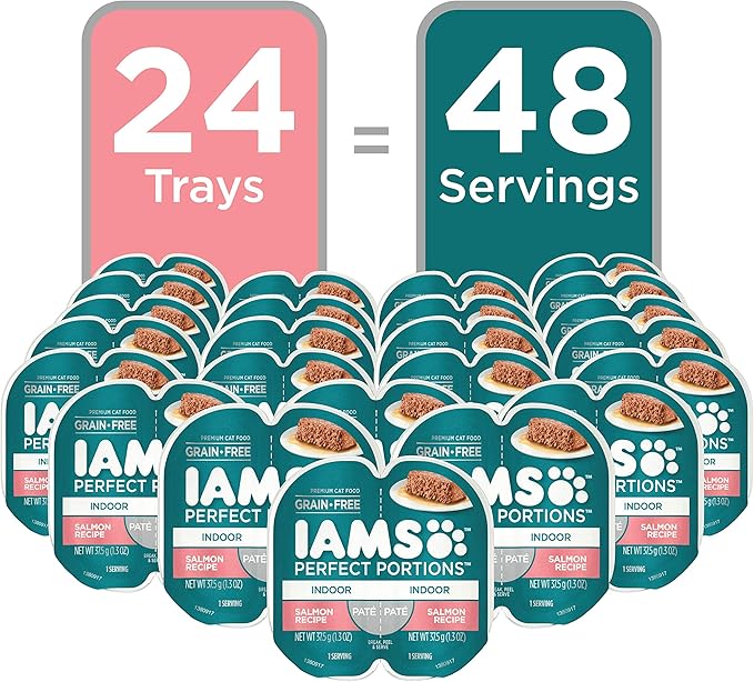IAMS Perfect Portions Grain Free Wet Cat Food Pate, Healthy Adult Cat Food Wet, Salmon Pate, 2.6 oz. (24 Twin Packs)