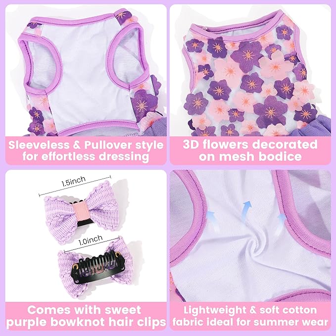 Dog Dress, Fashion Puppy Tutu Princess Dresses for Small Dogs Girl, Sweet Skirt with Dog Bowknot Clips, Spring Dog Cat Clothes Pet Apparel (Purple Floral Dress, XX-Small)