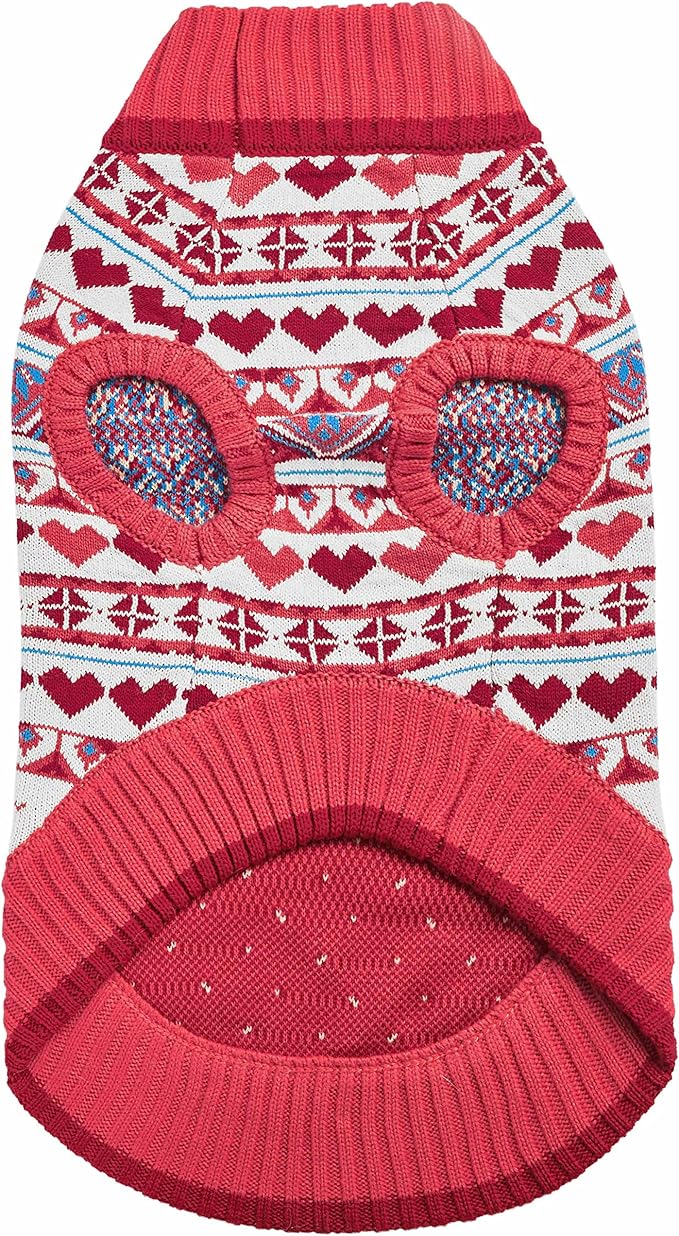 Blueberry Pet Fair Isle Style Chic Coral Pullover Dog Sweater with Heart, Back Length 10", Pack of 1 Clothes for Dogs