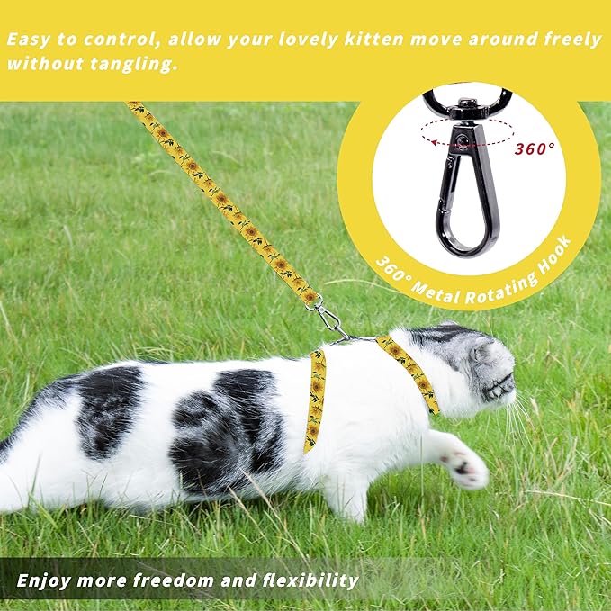 Seyezo Cat Harness and Leash Set, Adjustable Kitten Harness Escape Proof Cats Harness, Soft Lightweight Walking Travel Pet Harness, Cute Kitty Harness Leash Set for Small Medium Cats, Yellow Sunflower