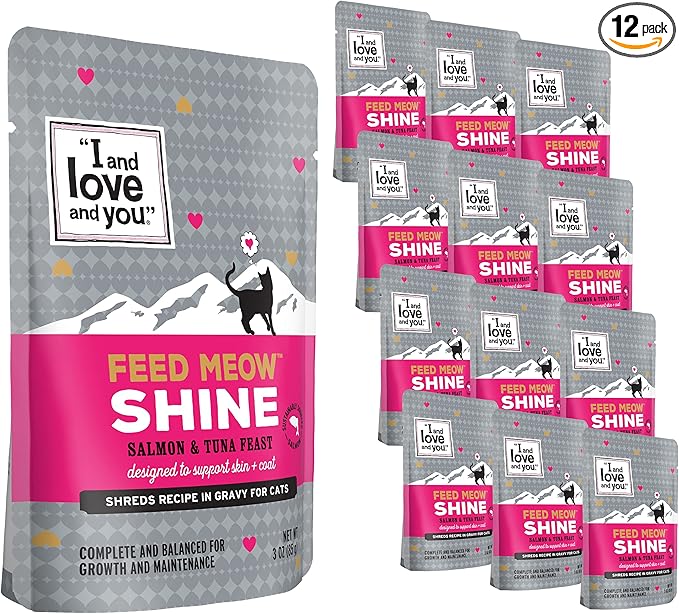 I AND LOVE AND YOU Feed Meow Shine Wet Cat Food - Salmon + Tuna - Coat and Skin Support, Grain Free, Shreeded, No Fillers, 3oz Pack of 12
