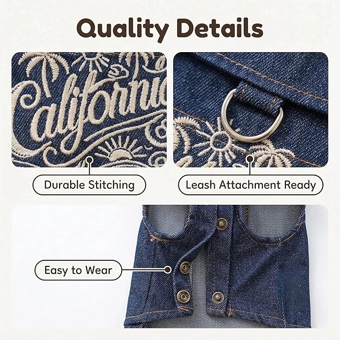 California Dog Denim Jacket with D-Ring Harness, Embroidered Jean Vest for Small Medium Dogs, Snap Button Pet Clothes Puppy Outfit for Walking(XS)