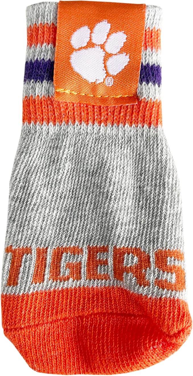 NCAA Clemson Tigers Anti Slip Dog Socks with Elastic Ribbed Top, Size X-Small/Small. Indoor/Outdoor Socks, Best Dog Paw Protector, 2 Pairs of Pet Socks with Your Favorite Collegiate Sports Team