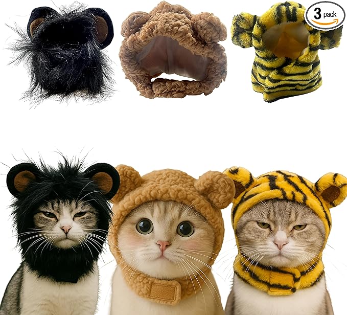 3pcs Cute Cats Hat Costumes Outfit - Lion Head, Tiger, Bear - Adjustable Pet Headwear for Parties, Halloween, Christmas, Easter (Lion, Bear, Tiger)