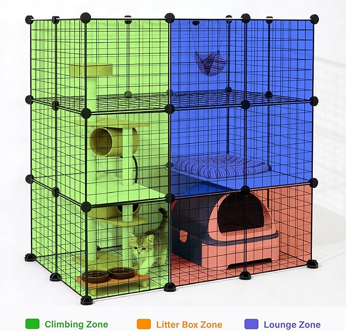 DIY Modular Cat Enclosure 3x3x2 Grid | Extra Large Indoor Cat Playpen | Foldable Black Wire Metal Cat Cage with Multi-Level Shelves | Approx. (43.7" x 29.5" x 43.3")