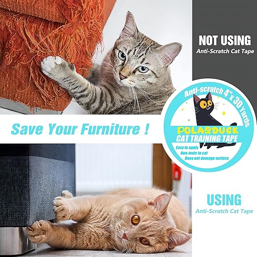 Polarduck Anti Cat Scratch Tape: 4 inches x 30 Yards Cat Training Tape 100% Transparent Clear Double Sided Cat Scratch Deterrent Tape Furniture Protector for Couch, Carpet, Doors, Pet & Kid Safe