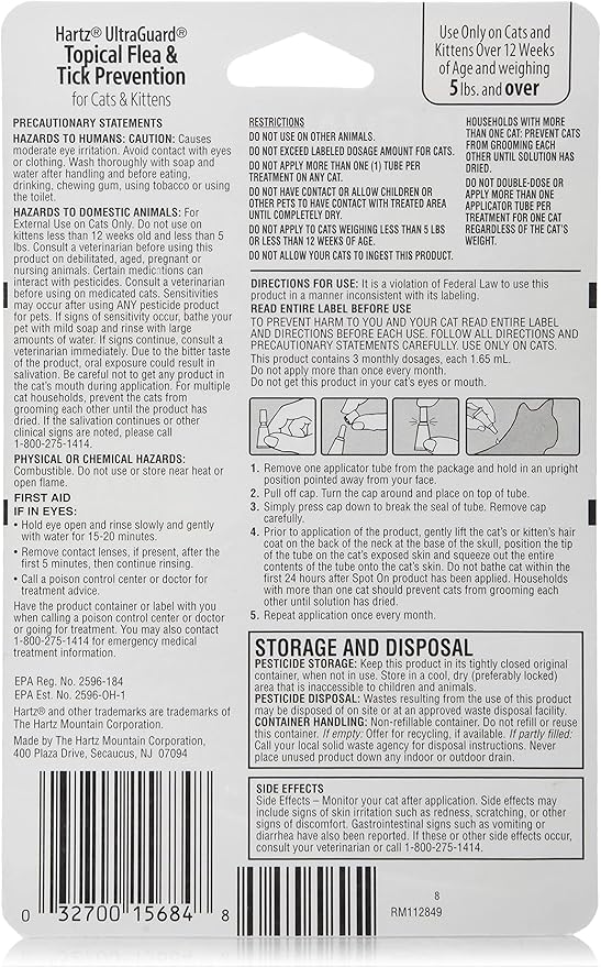 Hartz UltraGuard Topical Flea & Tick Prevention for Cats and Kittens - 3 Monthly Treatments (Pack of 3)