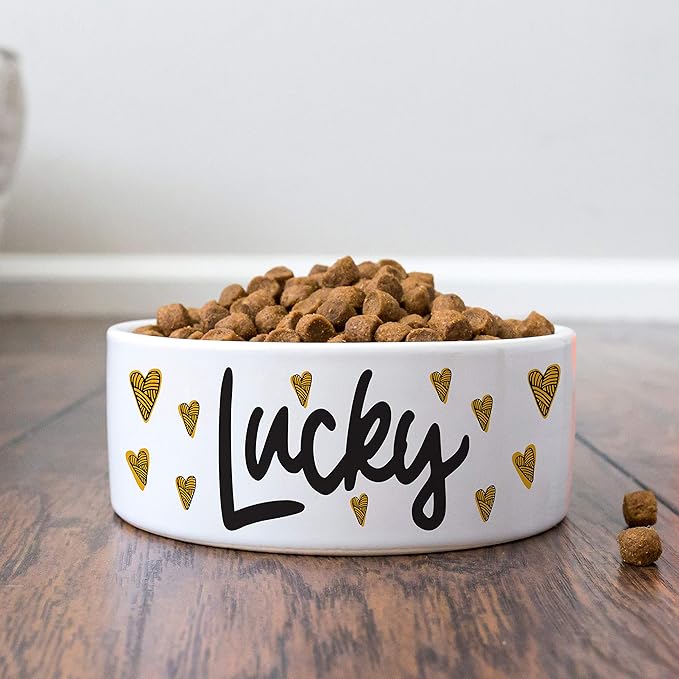 Personalized Dog Bowl w/Name, Ceramic Bowl for Dogs and Cats, 2 Sized for Small and Large Dogs - Pet Dish for Dry or Wet Food and Water, Pet Owner Gifts, Custom Pet Food Bowl | Yellow Heart, 7 inches