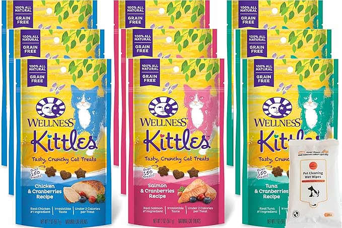 Aurora Pet Variety Pack 9 Wellnes Kittles Tasty Crunchy Cat Treats (3 Chicken, 3 Salmon, 3 Tuna) 2-oz Each with AuroraPet Grooming Wipes