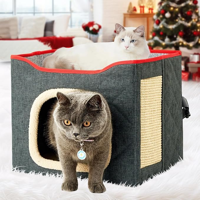 Cat Houses for Indoor Cat, Large 2-Sided Reversible Cushion Cat Condo with Safety Strap, Foldable Cat Hideway with Sisal Scratch Pad, All Seasons Pet Bed for Multi Cats,Dark Grey
