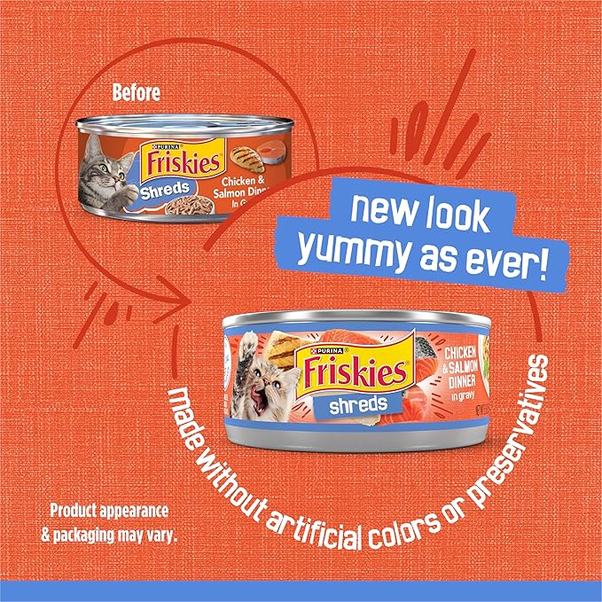 Friskies Purina Shreds Chicken and Salmon Dinner in Wet Cat Food Gravy - 5.5 oz. Cans (Pack of 48)