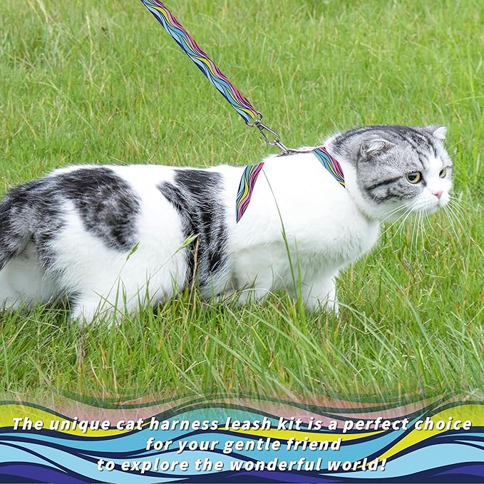 Seyezo Cat Harness and Leash Set, Adjustable Kitten Harness Escape Proof Cats Harness, Soft Lightweight Walking Travel Pet Harness, Cute Kitty Harness Leash Set for Small Medium Cats, Colourful Waves