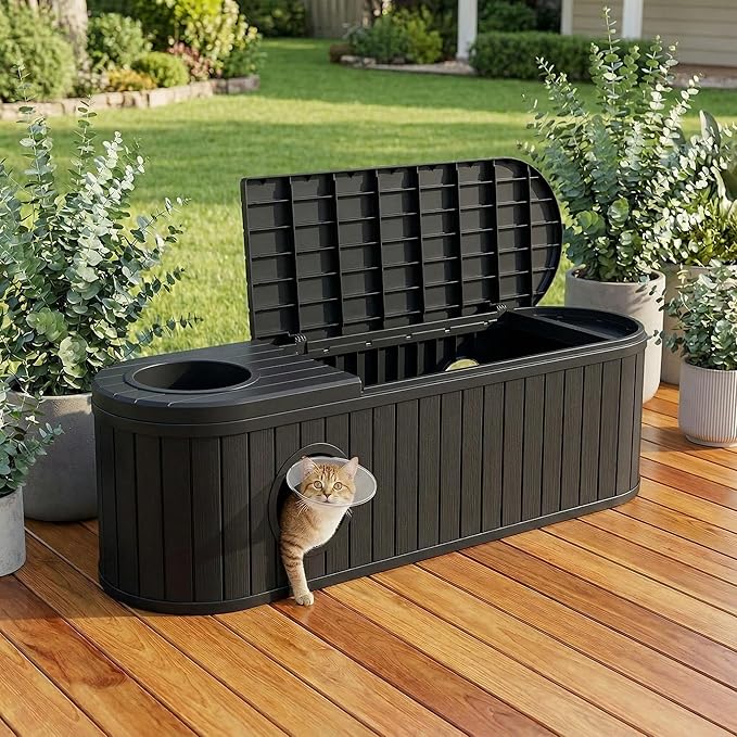 Large Cat Litter Box Enclosure with Hidden Cat Bed, 2-in-1 Resin Cat House Furniture with Flip-Top Lid & Dual-Way Swing Door, Multi-Functional Side Table Bench for Living Room, Easy-Clean Odor Control