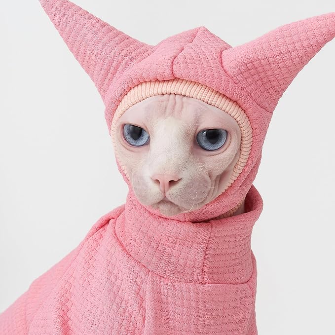 Sphynx Cat Clothes Waffle Pattern Suit, Cute Pet Hat and Shirt Set, Hairless Cat Devon Cornish Pink and Black Suit, (Small, Pink)