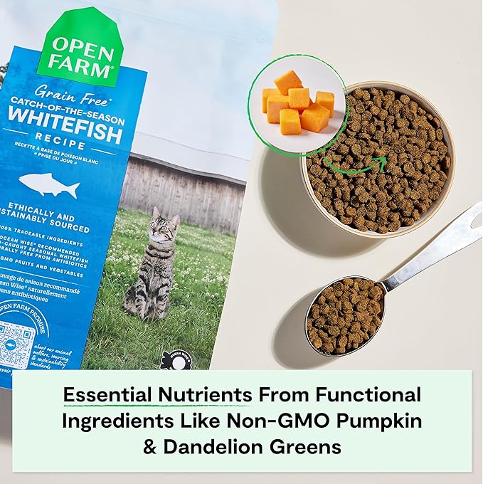 Open Farm, Grain Free Dry Cat Food, High-Protein Kibble for a Complete & Balanced Diet, Non-GMO Fruits & Vegetables, Prebiotic Fibers to Support Digestion, Catch-of-The Season Whitefish, 8lb Bag