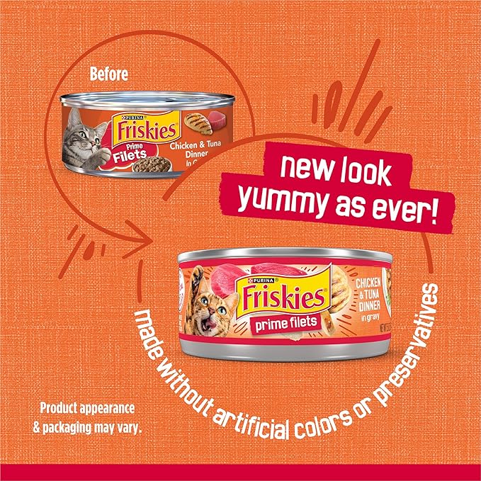 Friskies Purina Prime Filets Chicken and Tuna Dinner in Wet Cat Food Gravy - 5.5 oz. Cans (Pack of 48)