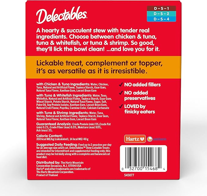 Delectables Lickable Treat Stew Wet Cat Treat Variety Pack, Food Topper, Hydrating, Grain-Free, No Fillers, No By-Products, No Added Preservatives, 1.4oz Pouch, 12ct