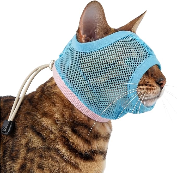 PUMYPOREITY 2 Pack Soft Cat Head Cover, Breathable Mesh Calming Muzzle with Adjustable Fit, Anti-Bite Protection for Cats During Grooming, Nail Trimming, Bathing and Vet Visits, M, Blue