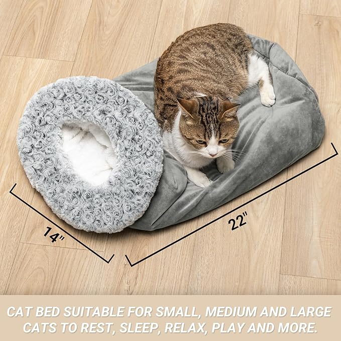 Cat Cave Bed for Indoor Cats, Warm Covered Cat Bed for Sleeping Relax Play, Cozy Fluffy Flannel Washable Kitten Tunnel Nest for Cold Weather