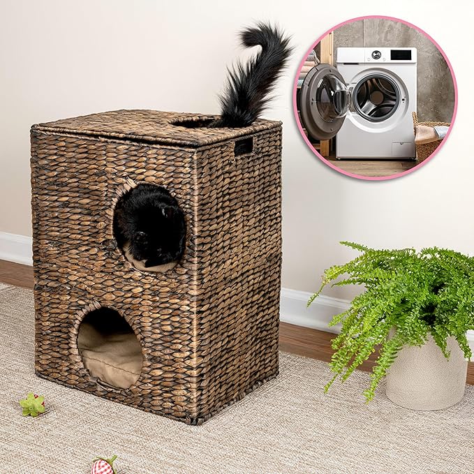CHS1000B Jaxon 18" Modern Classic 2-Tier Handwoven Hyacinth Rectangular 5-Hole Cat Condo with 2 Machine-Washable Cushions, Brown