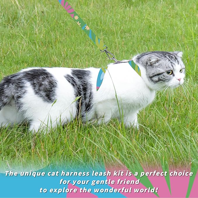 Seyezo Cat Harness and Leash Set, Adjustable Kitten Harness Escape Proof Cats Harness, Soft Lightweight Walking Travel Pet Harness, Cute Kitty Harness Leash Set for Small Medium Cats, Hawaii Green