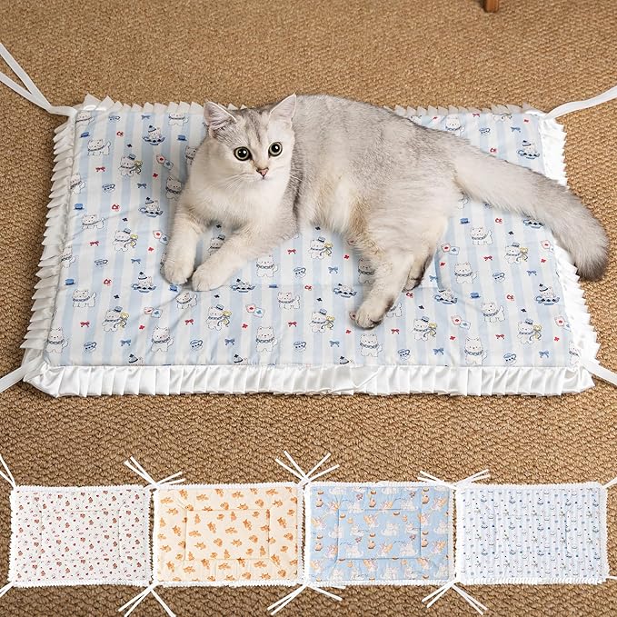 Reversible Silent Cat Bed Self Warming Pet Pad Thin Style Mat Washable Cushion Pad, Pad for Window Perch Outdoor Cat Houses, for Cats, Small Dogs, Rabbits, Non Electric,(Blue Puppy,S)