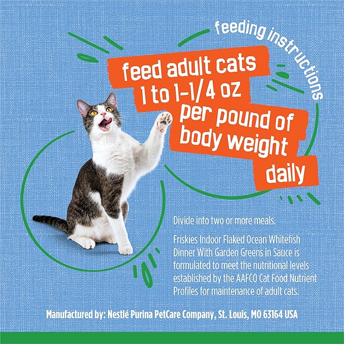 Friskies Purina Indoor Cat Food Flaked Ocean Whitefish Dinner with Garden Greens in Sauce - 5.5 oz. Cans (Pack of 24)