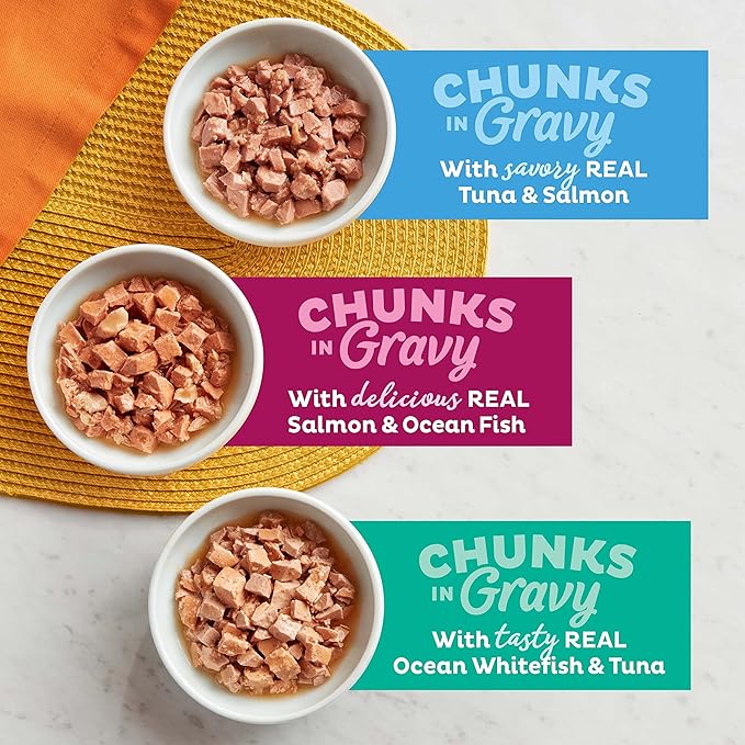Meow Mix Seafood Favorites Chunks in Gravy Wet Cat Food Variety Pack, 2.75 Ounce (Pack of 48)
