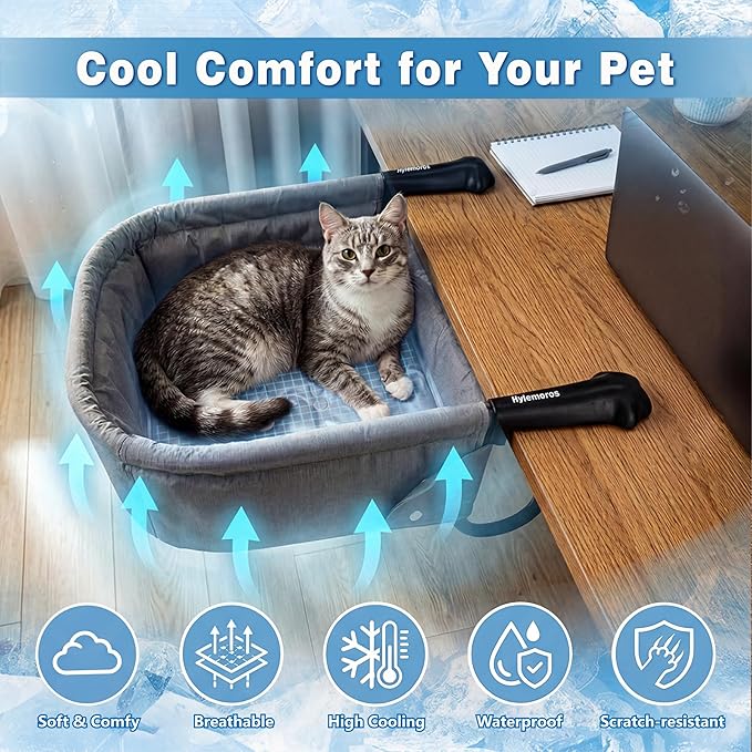 Cat Desk Bed with Cooling Mat for Summer Heavy Duty Cat Bed for Desk Attachment for Large Cats 50 lbs Extra Sturdy Dog Chair Dual-Sided Mat Waterproof Easy Assembly for Gaming Desk Kitchen Island Gray