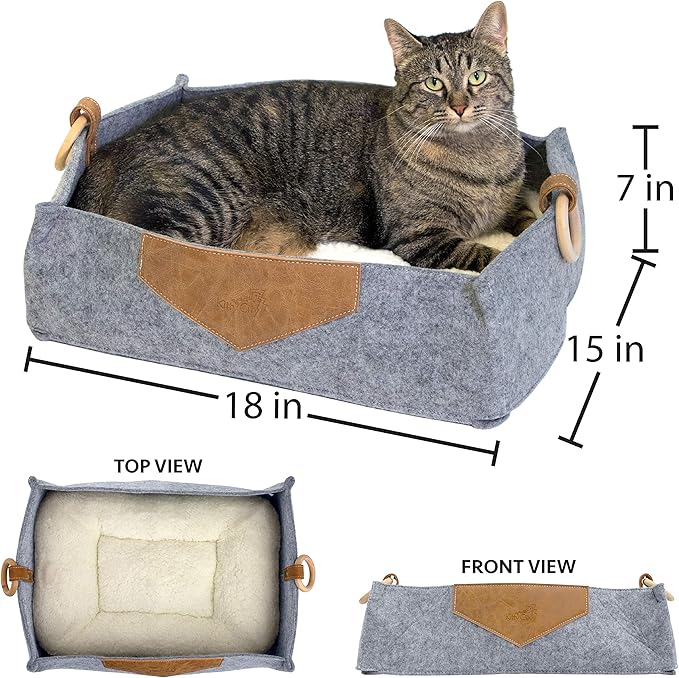 Kitty City Felt Lounge Sleeper Bed for Cats, Warm and Cozy Cat Bed with Machine Washable Cushion, Felt Construction with Faux Leather Details and Wood Handles, Gray, 15"D x 18"W x 7"H (CM-10068-CS01)