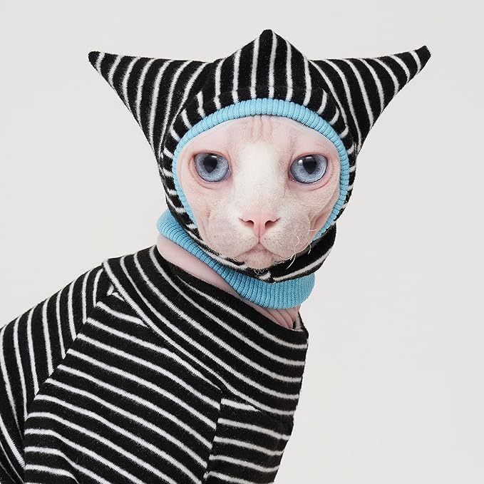 Sphynx Cat Clothes Black Stripe Breathable Shirts Suit, Pet Hat and Shirt Set (Large)