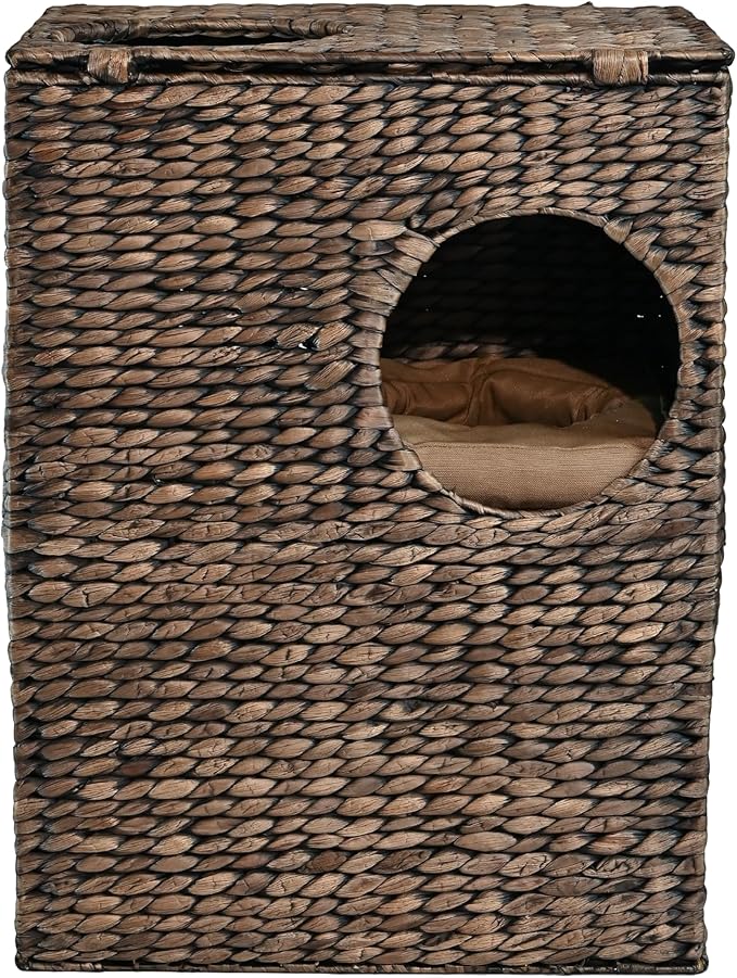 CHS1000B Jaxon 18" Modern Classic 2-Tier Handwoven Hyacinth Rectangular 5-Hole Cat Condo with 2 Machine-Washable Cushions, Brown