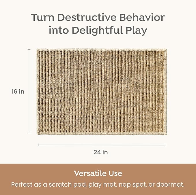 Premium Brazilian Cat Scratcher Mat – 24'' x 16'' Natural Fiber 100% Sisal with Jute Border, Ultra Durable, Scratching Pad, Doormat Rug, Protects Furniture and Carpets (Natural Brown)