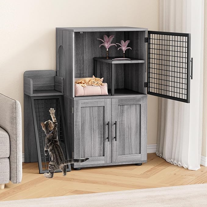 IDEALHOUSE Modern Cat Litter Box Enclosure with Platform, Double Layer Hidden Litter Box, Indoor Washroom, Villa Cat House with Ladder, 33.5" l x 17.9" w x 41.9" h,Dark Grey