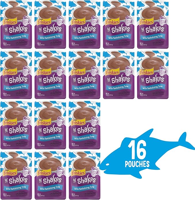 Friskies Purina Pureed Cat Food Topper,Lil’ Shakes with Tantalizing Tuna Lickable Cat Treats - 1.55 oz. Pouches,(Pack of 32)