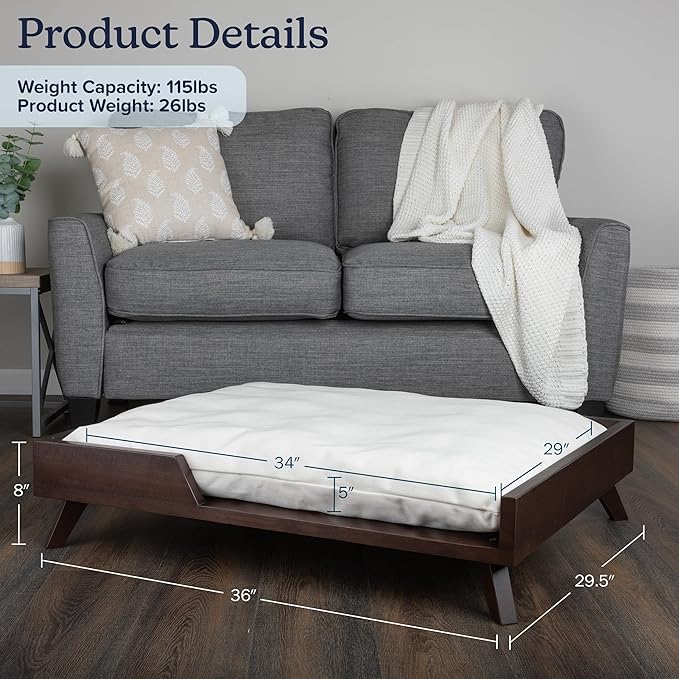 Elevated Dog Bed - 36” x 29.5” Indoor Pet Bed with Frame and Soft Cushion - Mid-Century Modern Wood Dog Bed for Medium to Large Pets by PETMAKER (Dark Brown)