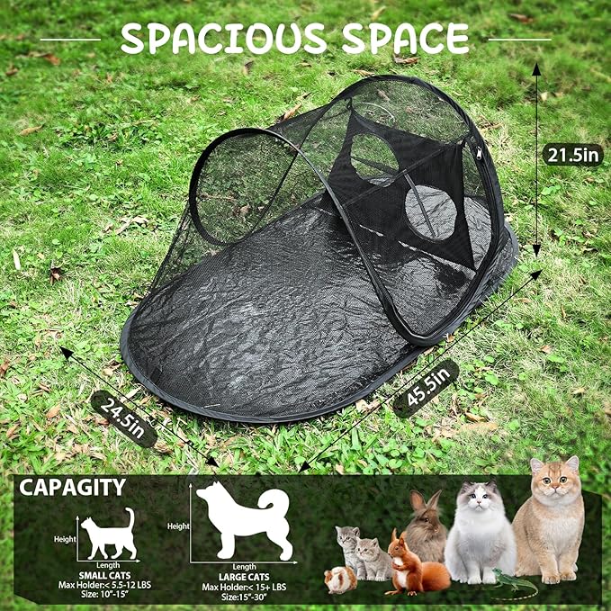 Tailtastic Outdoor Cat Tent with Removable Interactive Fabric,Outdoor Cat Enclosures for Indoor Cats, Portable Pet Playpen Ideal for Hiking, Traveling, and Sunbathing-Black